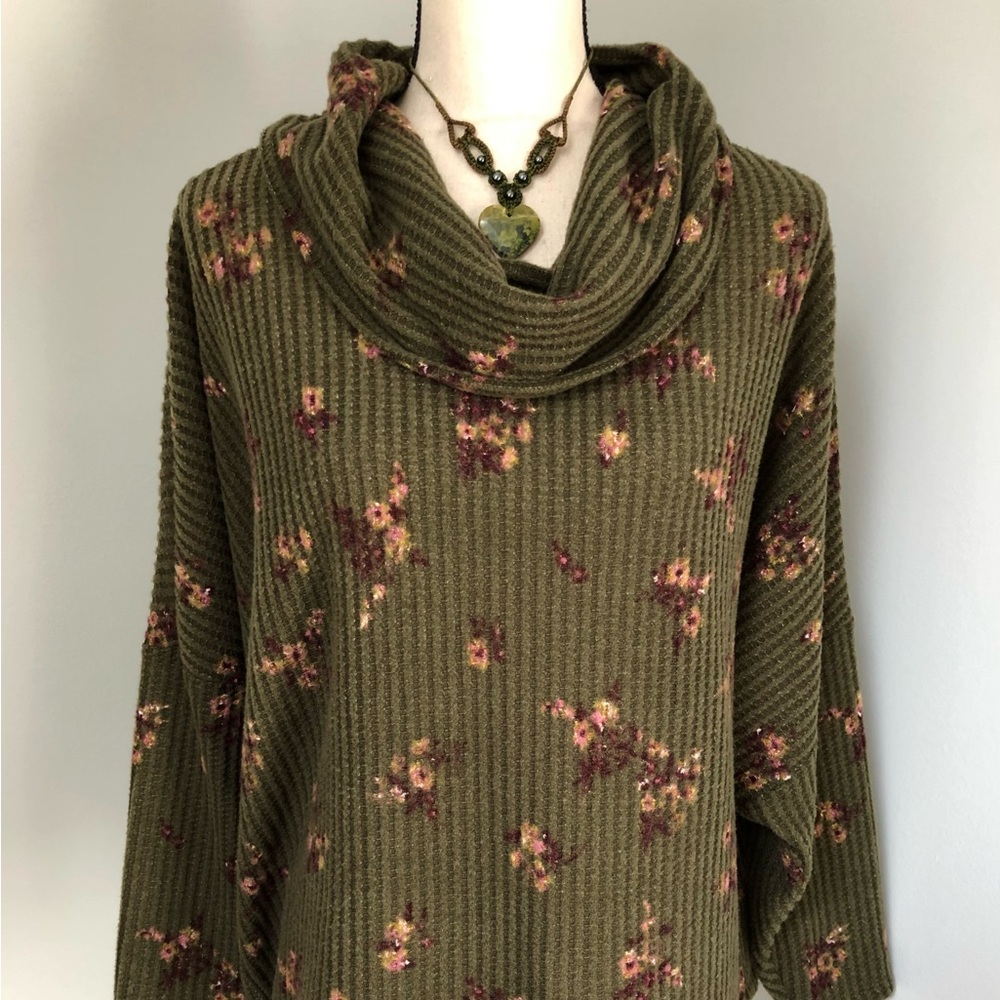 Olive Green Cottagecore Floral Criss Cross Back Cowl Neck Sweater Size Large